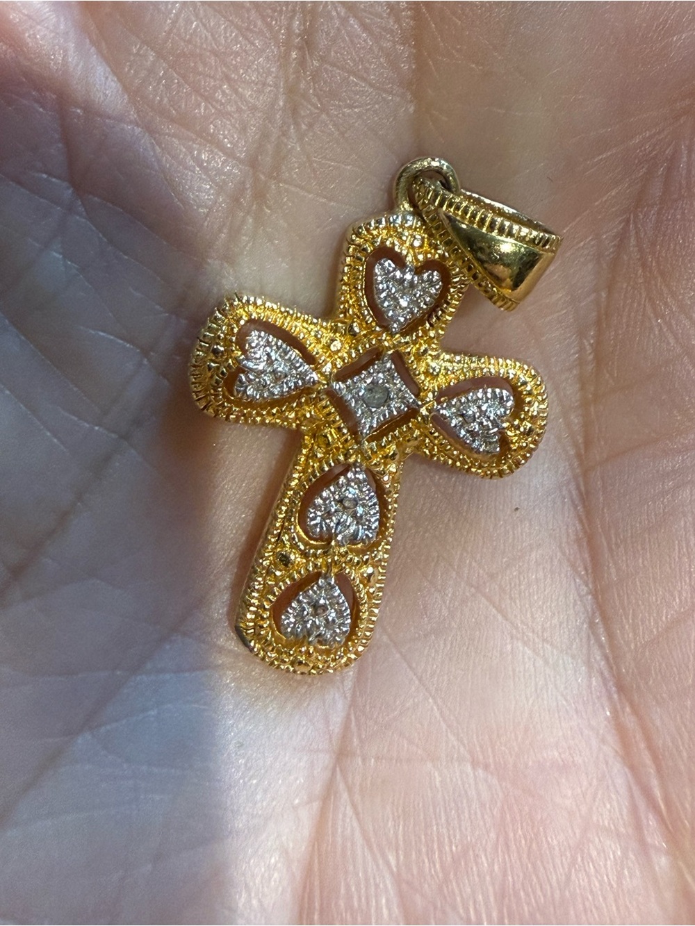 Gold Cross Pendant with Heart shaped Sparkling Accents - Women's Jewelry